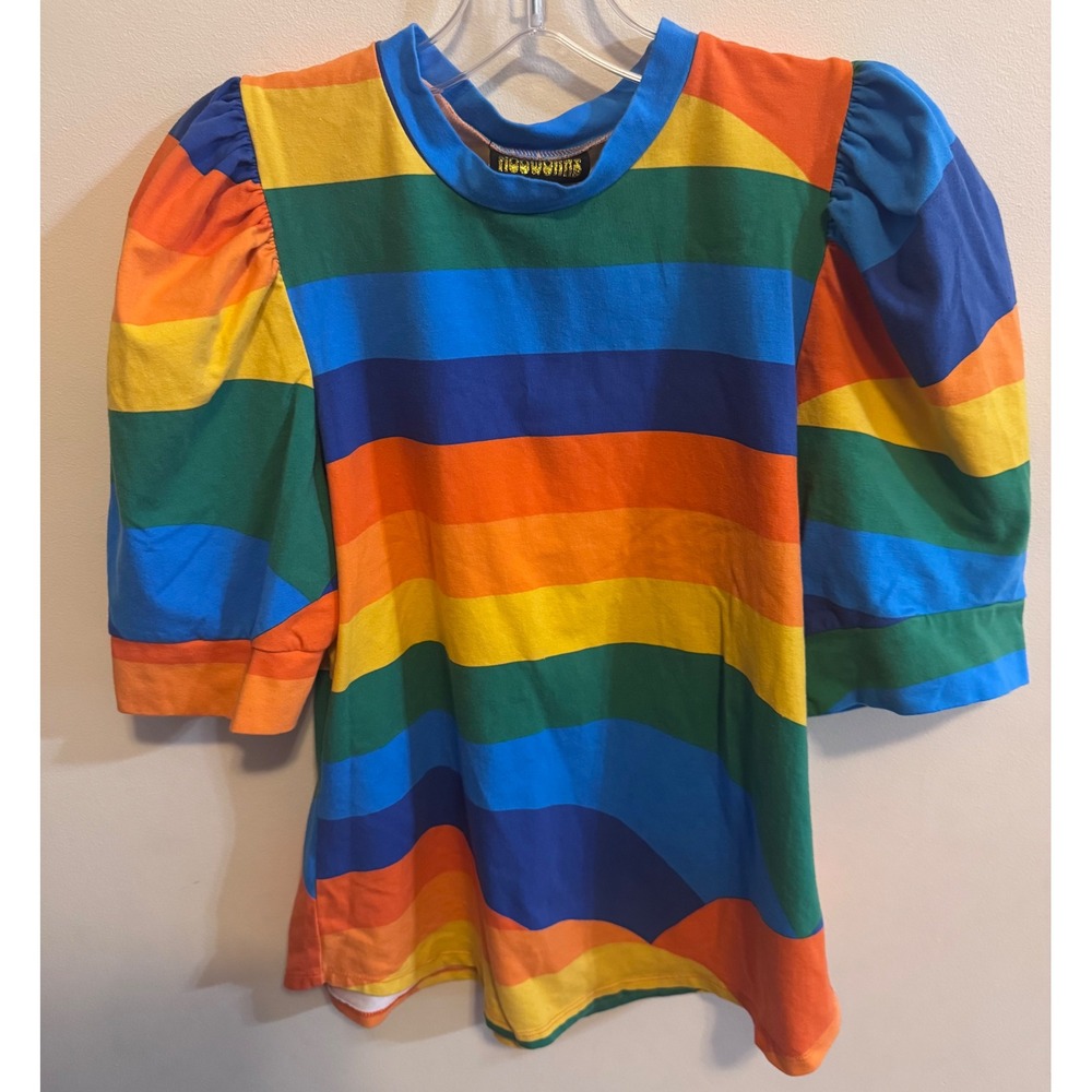 Nooworks Rainbow Stripe Puff Sleeve Top Colorful Artsy Boho Made in USA L